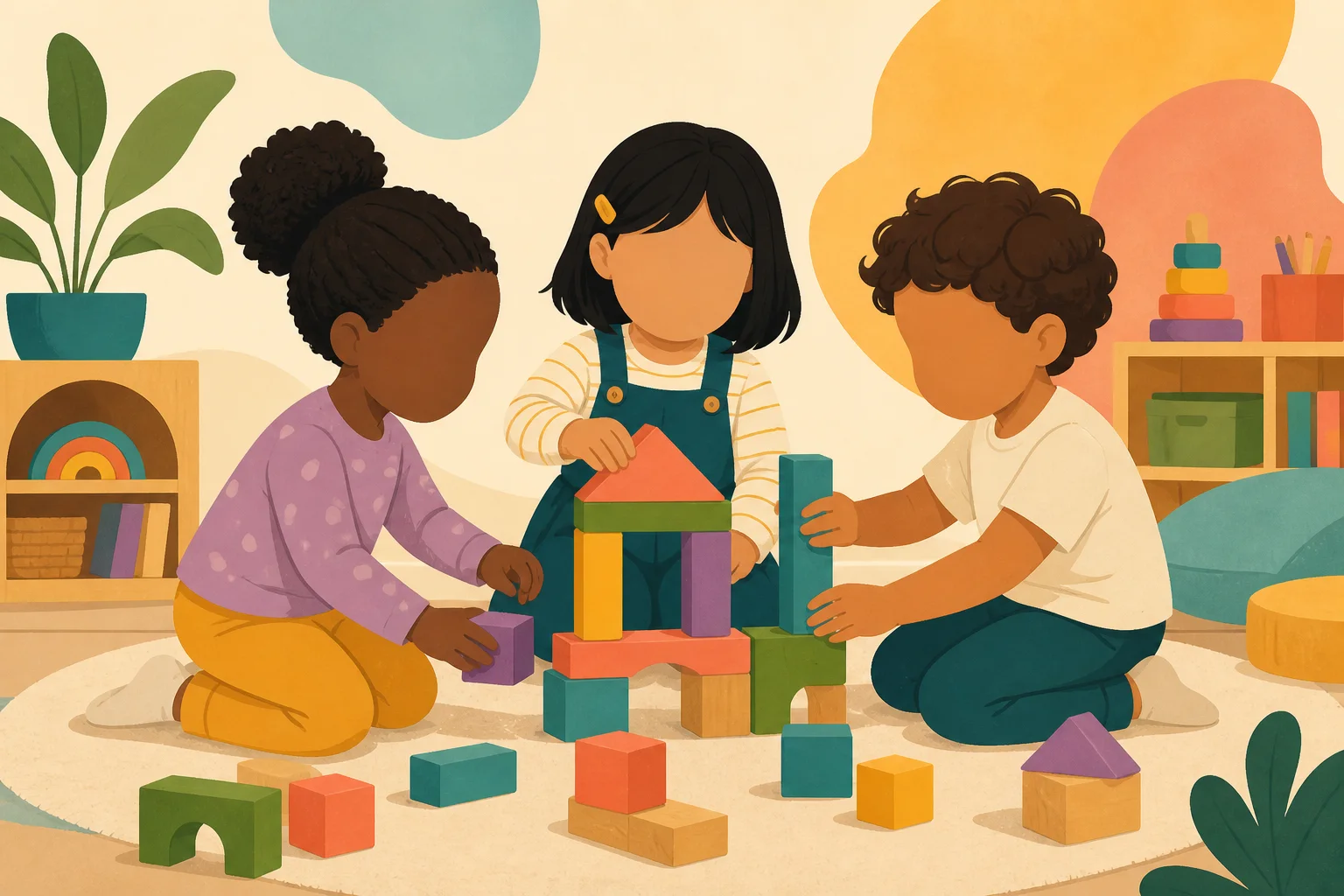 Three children with different skin tones building a colorful block structure together