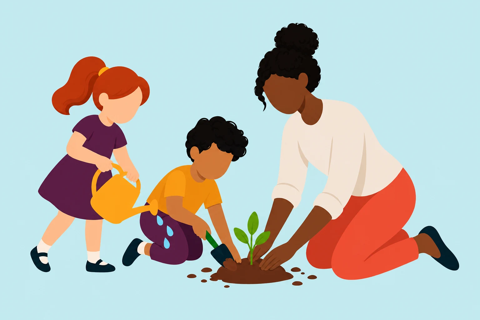 A teacher and two children planting and watering a seedling together