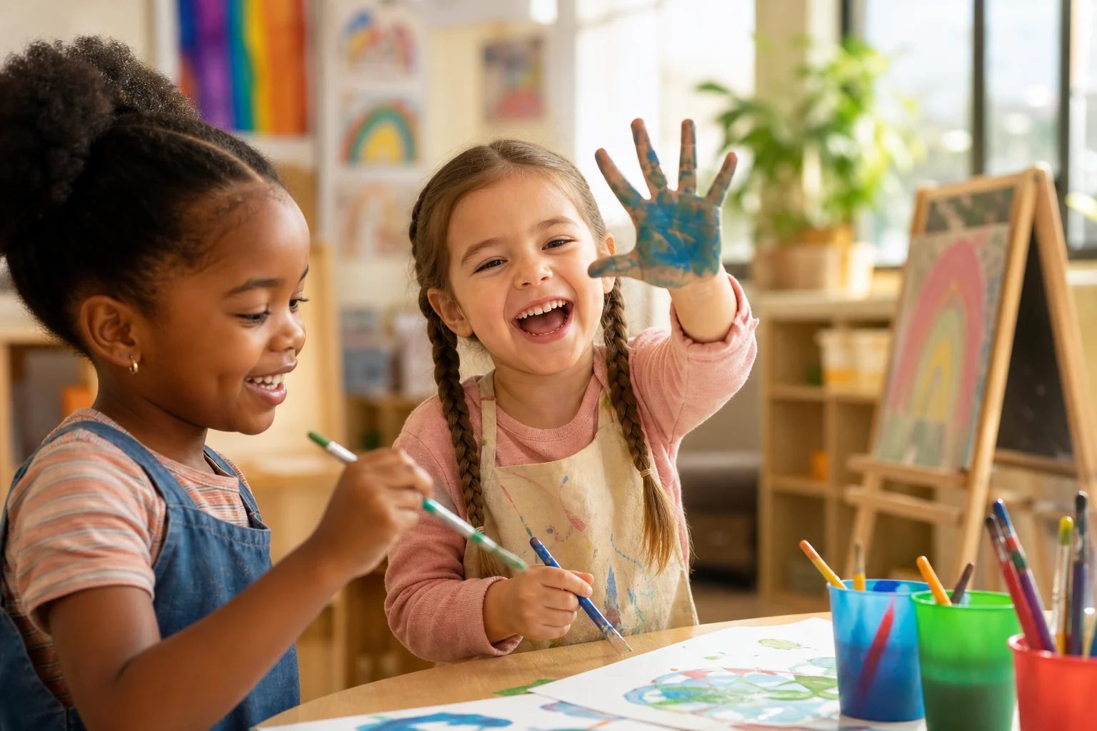 Two children smiling and painting together in a bright preschool classroom